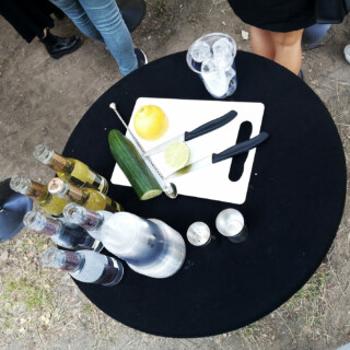 Peculiar Hendrick's Highballs -workshop starttasi tällaisella kattauksella. Pulloissa oli ginger alea ja soodaa. Kurkkua, limeä ja sitruuna sai itse käyttää haluamallaan tavalla, esimerkiksi koristeena. Taisinpa syödä kurkusta puolet vaihtoehtona vedenjuonnille.